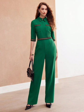 MOTF PREMIUM WOVEN WOMEN'S CHAIN DETAIL PATCH POCKET SHIRT JUMPSUIT