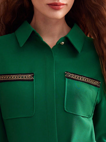 MOTF PREMIUM WOVEN WOMEN'S CHAIN DETAIL PATCH POCKET SHIRT JUMPSUIT