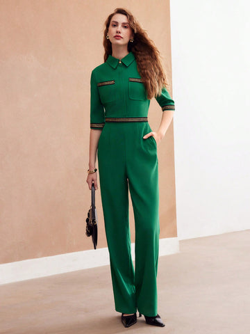 MOTF PREMIUM WOVEN WOMEN'S CHAIN DETAIL PATCH POCKET SHIRT JUMPSUIT