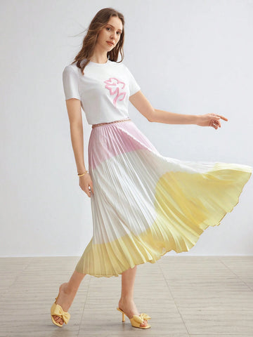 MOTF PREMIUM WOVEN WOMEN'S COLORBLOCK PLEATED MIDI SKIRT