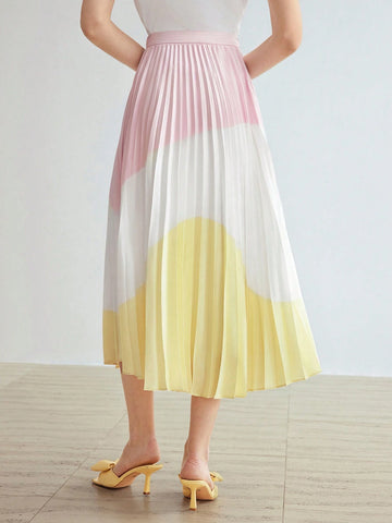 MOTF PREMIUM WOVEN WOMEN'S COLORBLOCK PLEATED MIDI SKIRT