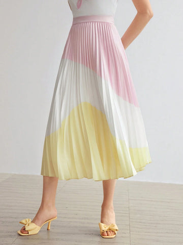 MOTF PREMIUM WOVEN WOMEN'S COLORBLOCK PLEATED MIDI SKIRT