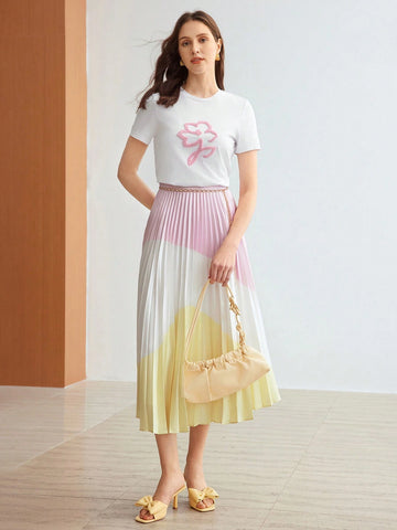 MOTF PREMIUM WOVEN WOMEN'S COLORBLOCK PLEATED MIDI SKIRT