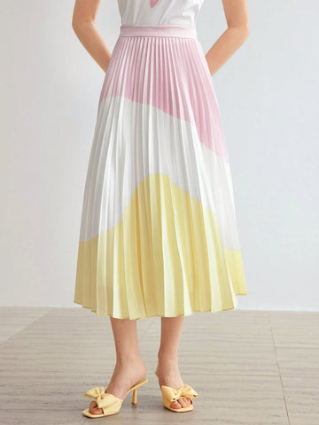 MOTF PREMIUM WOVEN WOMEN'S COLORBLOCK PLEATED MIDI SKIRT