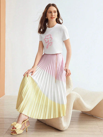 MOTF PREMIUM WOVEN WOMEN'S COLORBLOCK PLEATED MIDI SKIRT