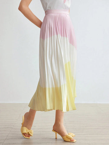 MOTF PREMIUM WOVEN WOMEN'S COLORBLOCK PLEATED MIDI SKIRT