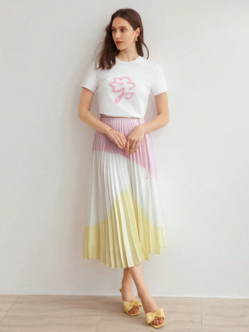 MOTF PREMIUM WOVEN WOMEN'S COLORBLOCK PLEATED MIDI SKIRT