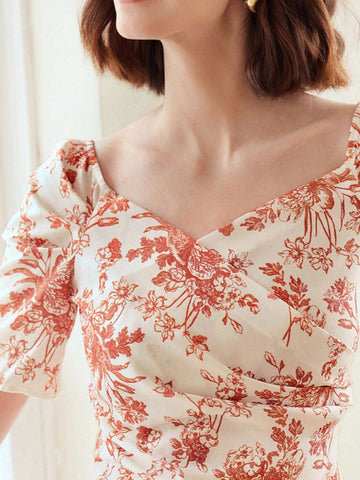 MOTF PREMIUM WOVEN WOMEN'S FLORAL PRINTED SWEETHEART NECK BLOUSE