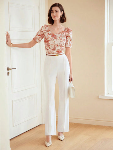 MOTF PREMIUM WOVEN WOMEN'S FLORAL PRINTED SWEETHEART NECK BLOUSE