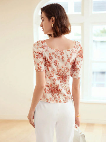 MOTF PREMIUM WOVEN WOMEN'S FLORAL PRINTED SWEETHEART NECK BLOUSE