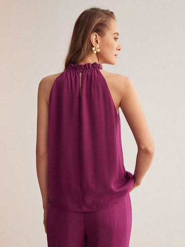 MOTF PREMIUM WOVEN WOMEN'S FRILL TRIM SLEEVELESS SHIRT