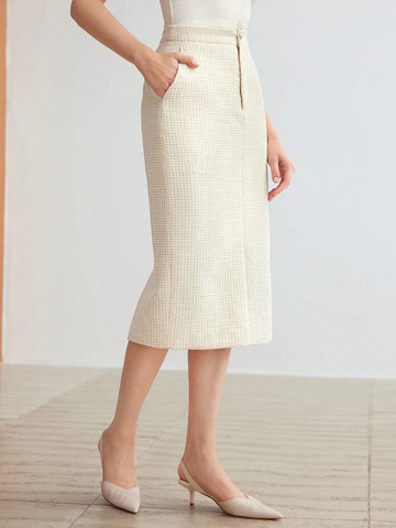 MOTF PREMIUM WOVEN WOMEN'S SLANT POCKET MIDI SKIRT