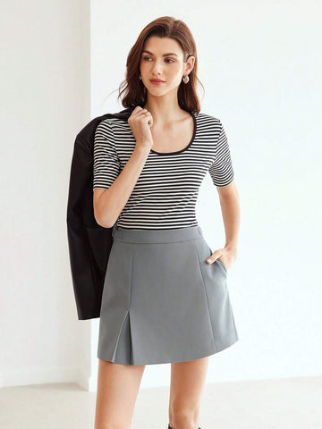 MOTF PREMIUM WOVEN WOMEN'S SOLID COLOR SKIRT WITH SLANT POCKETS