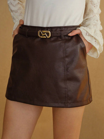 MOTF PU LEATHER SLANT POCKET BUCKLE BELTED SKORT