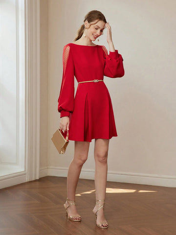MOTF SOLID DOBBY MESH INSERT LANTERN SLEEVE FOLD PLEATED SHORT DRESS WITHOUT BELT