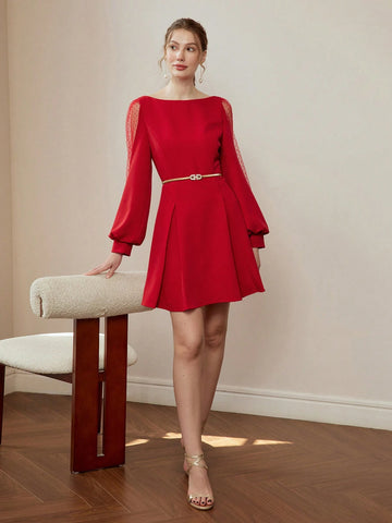 MOTF SOLID DOBBY MESH INSERT LANTERN SLEEVE FOLD PLEATED SHORT DRESS WITHOUT BELT