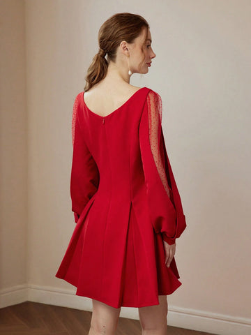MOTF SOLID DOBBY MESH INSERT LANTERN SLEEVE FOLD PLEATED SHORT DRESS WITHOUT BELT