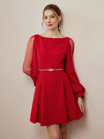 MOTF SOLID DOBBY MESH INSERT LANTERN SLEEVE FOLD PLEATED SHORT DRESS WITHOUT BELT