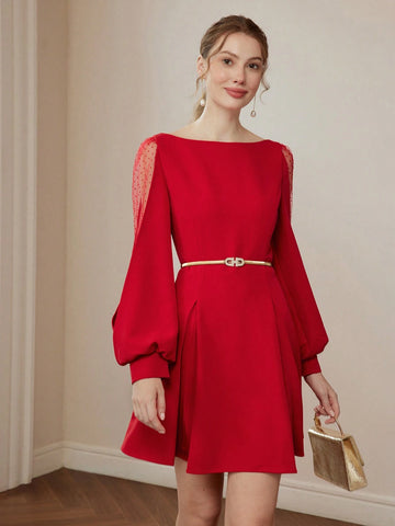 MOTF SOLID DOBBY MESH INSERT LANTERN SLEEVE FOLD PLEATED SHORT DRESS WITHOUT BELT