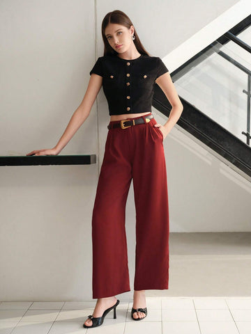 MOTF SOLID FOLD PLEATED SLANT POCKET WIDE LEG SUIT PANTS WITHOUT BELT