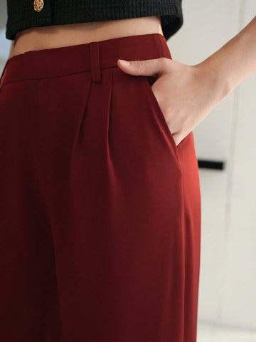 MOTF SOLID FOLD PLEATED SLANT POCKET WIDE LEG SUIT PANTS WITHOUT BELT