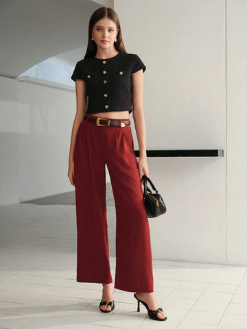 MOTF SOLID FOLD PLEATED SLANT POCKET WIDE LEG SUIT PANTS WITHOUT BELT