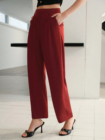 MOTF SOLID FOLD PLEATED SLANT POCKET WIDE LEG SUIT PANTS WITHOUT BELT