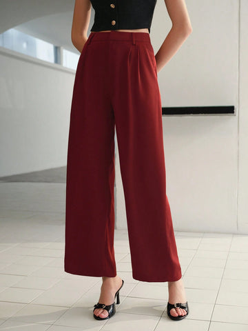 MOTF SOLID FOLD PLEATED SLANT POCKET WIDE LEG SUIT PANTS WITHOUT BELT