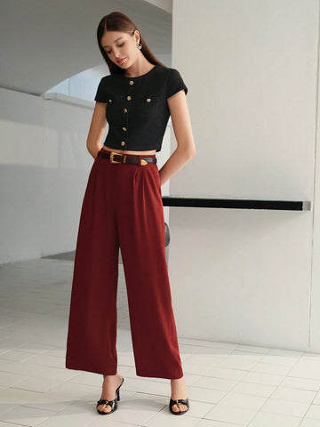 MOTF SOLID FOLD PLEATED SLANT POCKET WIDE LEG SUIT PANTS WITHOUT BELT