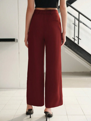 MOTF SOLID FOLD PLEATED SLANT POCKET WIDE LEG SUIT PANTS WITHOUT BELT