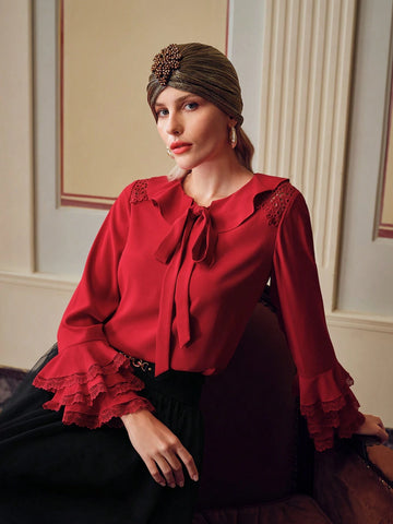 MOTF SOLID TIE NECK LACE TRIM LAYERED SLEEVE BLOUSE