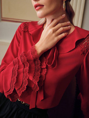 MOTF SOLID TIE NECK LACE TRIM LAYERED SLEEVE BLOUSE