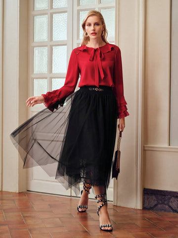 MOTF SOLID TIE NECK LACE TRIM LAYERED SLEEVE BLOUSE