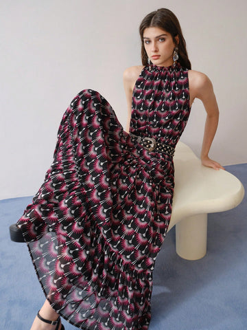 MOTF STUDIO ALLOVER PRINT FRILL TRIM SLEEVELESS BLOUSE