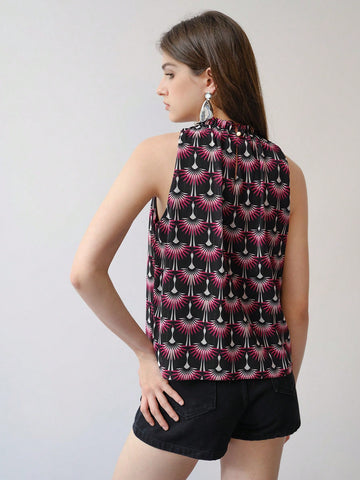 MOTF STUDIO ALLOVER PRINT FRILL TRIM SLEEVELESS BLOUSE