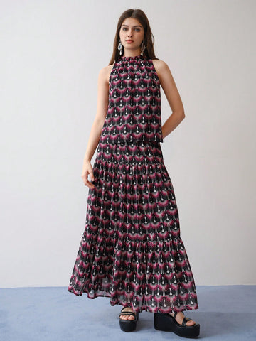 MOTF STUDIO ALLOVER PRINT FRILL TRIM SLEEVELESS BLOUSE