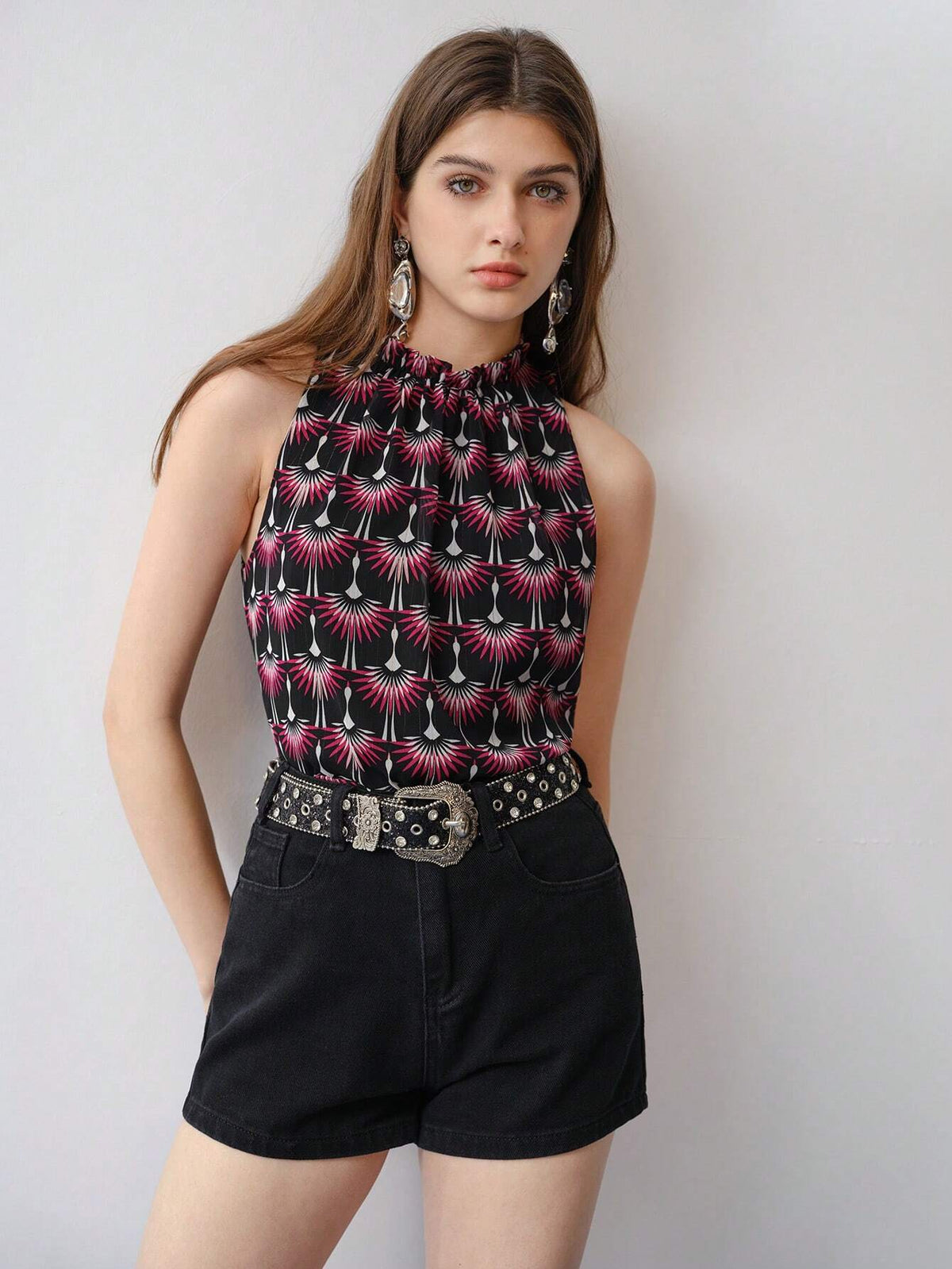 MOTF STUDIO ALLOVER PRINT FRILL TRIM SLEEVELESS BLOUSE