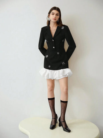 MOTF STUDIO BLACK & WHITE COLORBLOCK RHINESTONE EMBELLISHED MINI DRESS,VALENTINE'S DAY OUTFIT