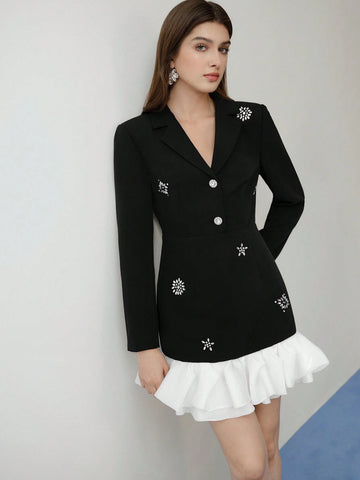MOTF STUDIO BLACK & WHITE COLORBLOCK RHINESTONE EMBELLISHED MINI DRESS,VALENTINE'S DAY OUTFIT