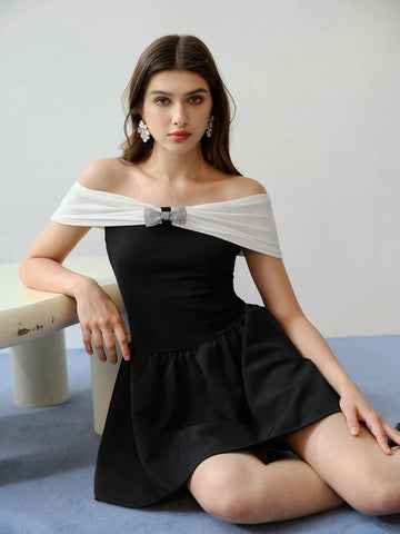 MOTF STUDIO COLORBLOCK OFF SHOULDER SHORT DRESS