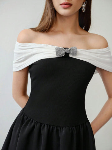 MOTF STUDIO COLORBLOCK OFF SHOULDER SHORT DRESS