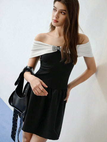 MOTF STUDIO COLORBLOCK OFF SHOULDER SHORT DRESS