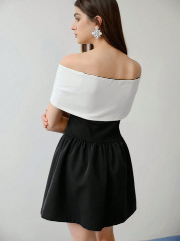 MOTF STUDIO COLORBLOCK OFF SHOULDER SHORT DRESS