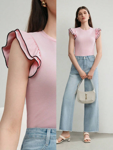 CONTRAST BINDING RUFFLE ARMHOLE SLIM FIT TEE