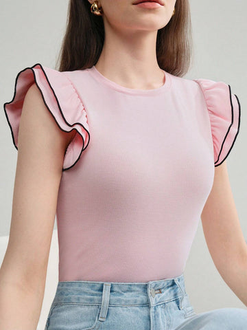 CONTRAST BINDING RUFFLE ARMHOLE SLIM FIT TEE