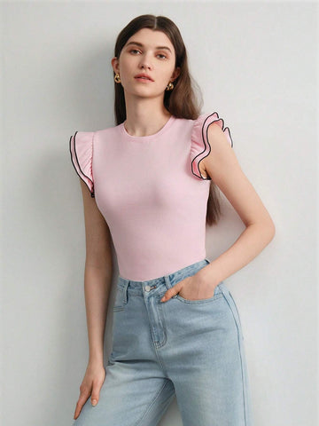 CONTRAST BINDING RUFFLE ARMHOLE SLIM FIT TEE