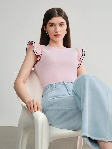 CONTRAST BINDING RUFFLE ARMHOLE SLIM FIT TEE