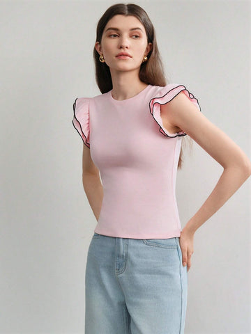 CONTRAST BINDING RUFFLE ARMHOLE SLIM FIT TEE