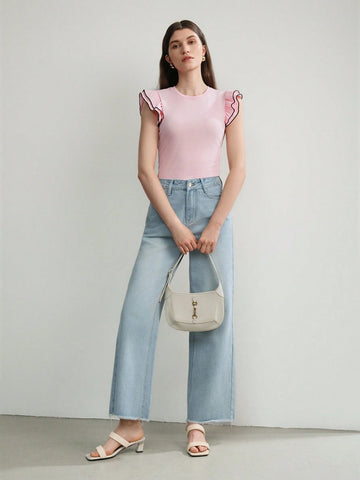 CONTRAST BINDING RUFFLE ARMHOLE SLIM FIT TEE