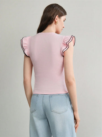 CONTRAST BINDING RUFFLE ARMHOLE SLIM FIT TEE